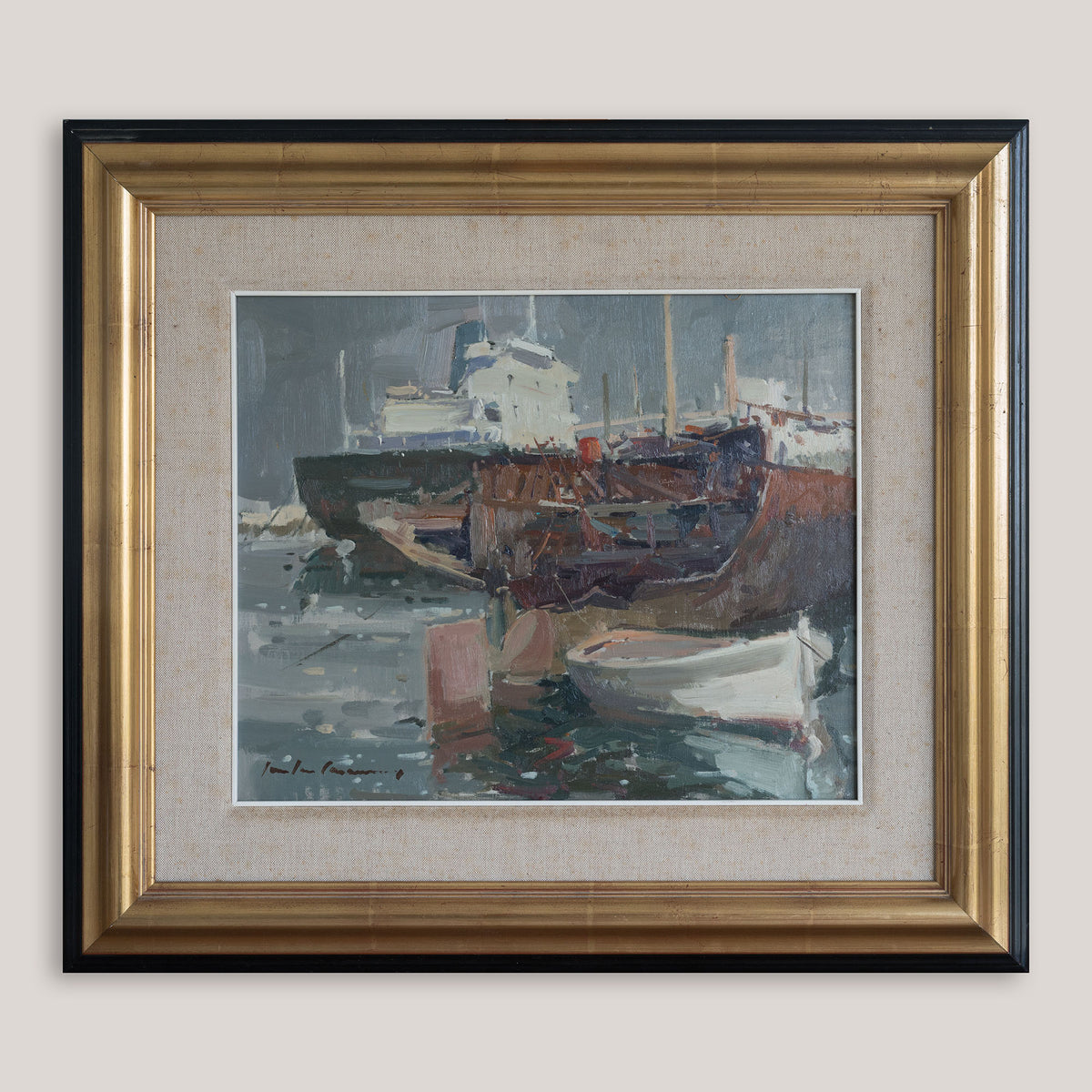 Expressive impressionist Harbour and Ship Scene - Oil  on Canvas - Signed