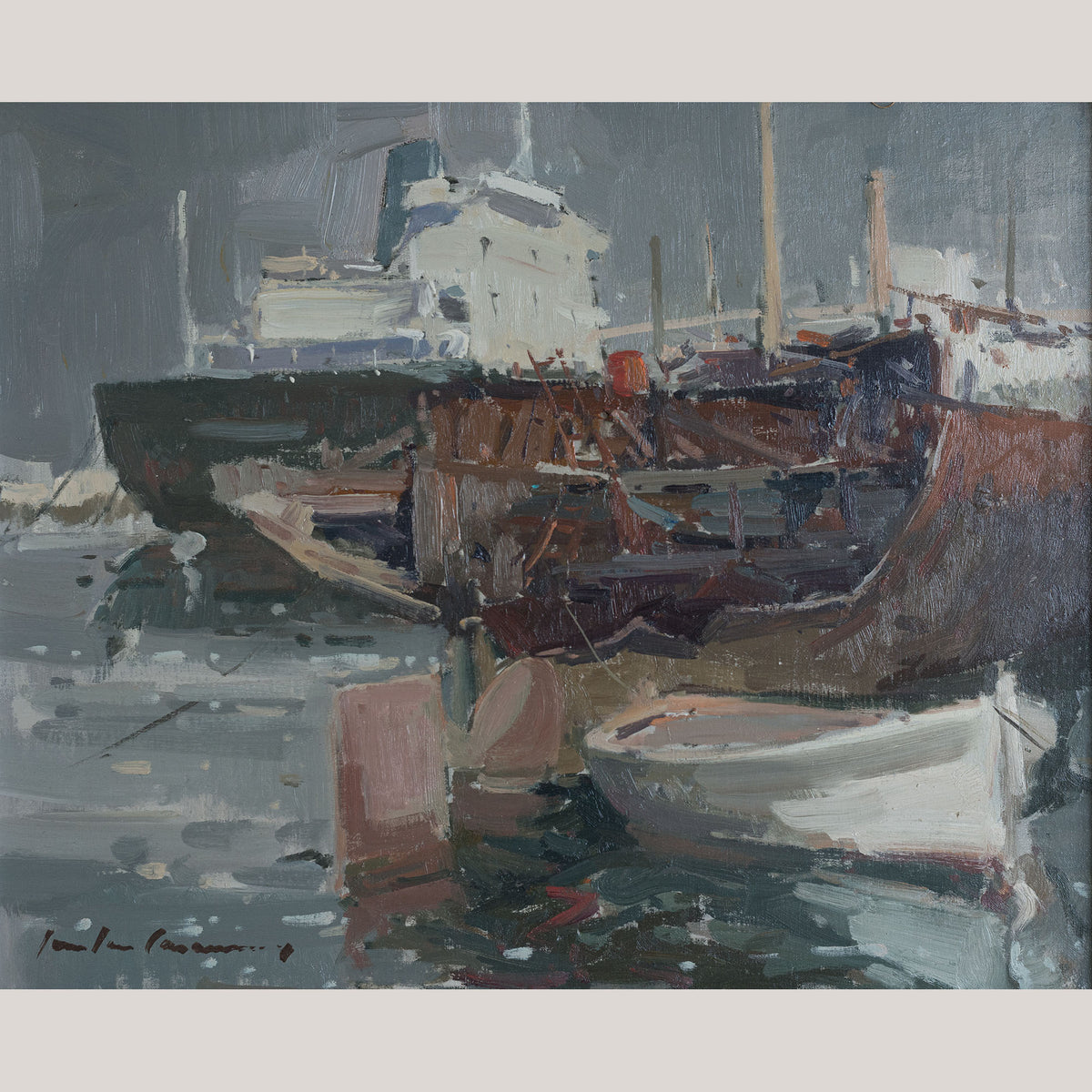 Expressive impressionist Harbour and Ship Scene - Oil  on Canvas - Signed