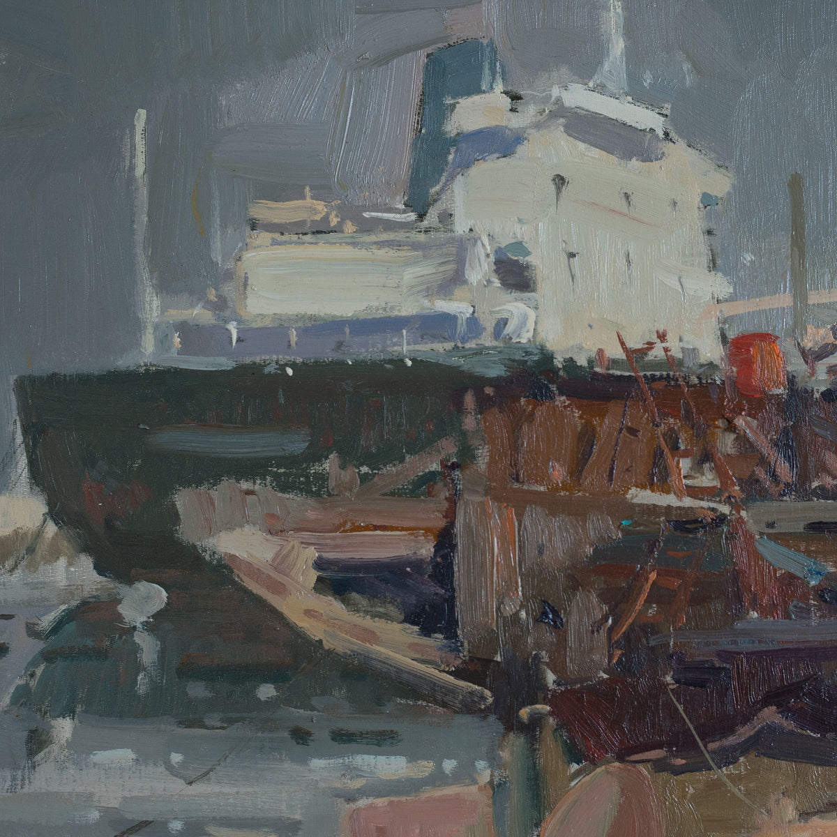 Expressive impressionist Harbour and Ship Scene - Oil  on Canvas - Signed