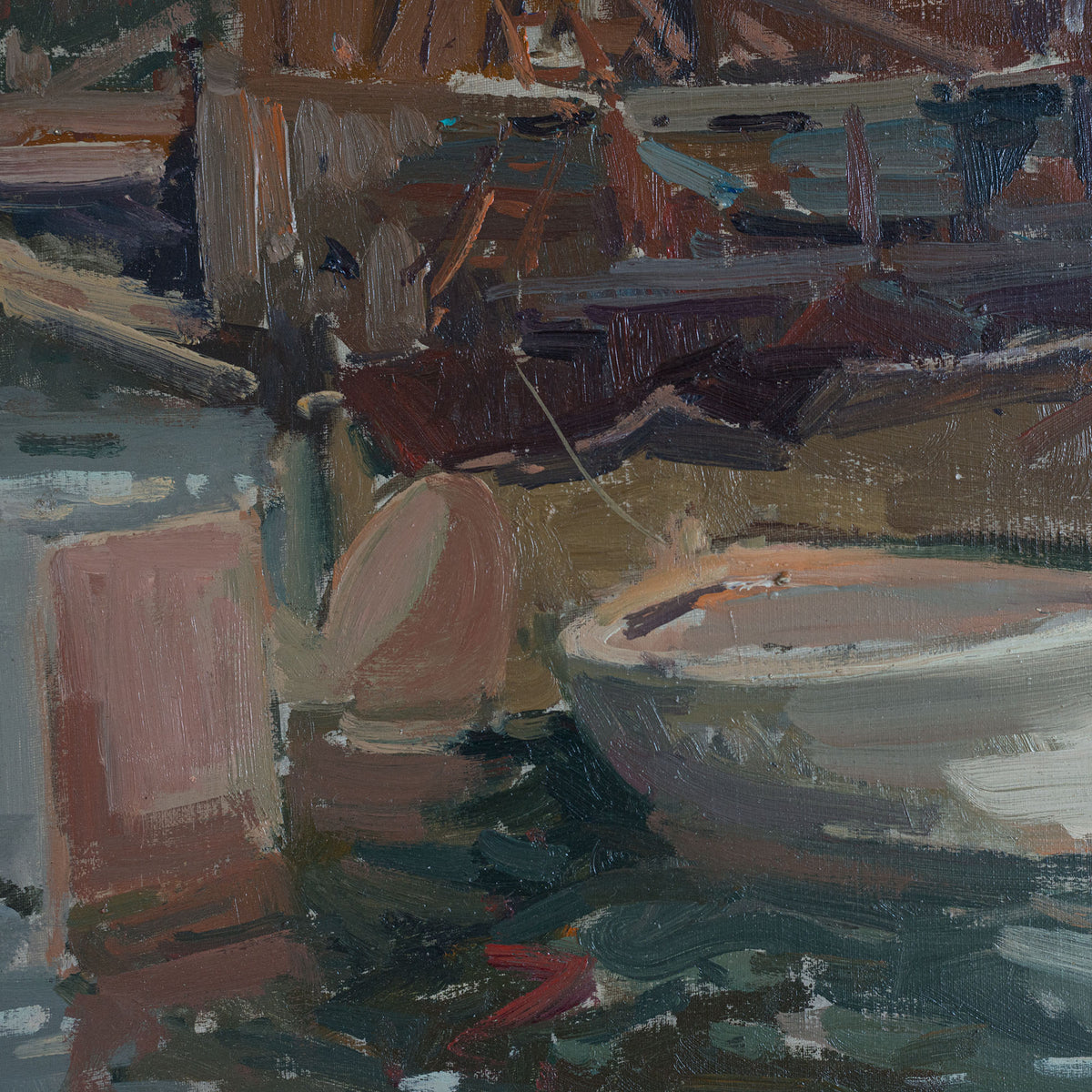Expressive impressionist Harbour and Ship Scene - Oil  on Canvas - Signed