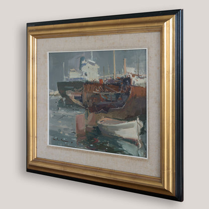 Expressive impressionist Harbour and Ship Scene - Oil  on Canvas - Signed