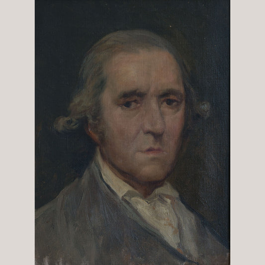Framed portrait of Francisco Bayeu after Goya, attributed to Joan Vallhonrat, depicting a grey-haired man in a grey coat and white neckcloth.