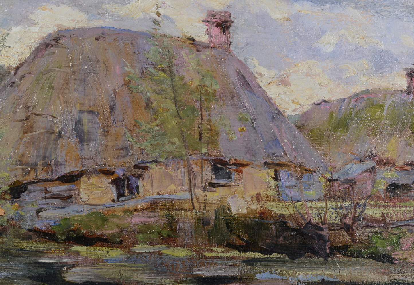 Impressionist Oil of Thatched cottage by stream