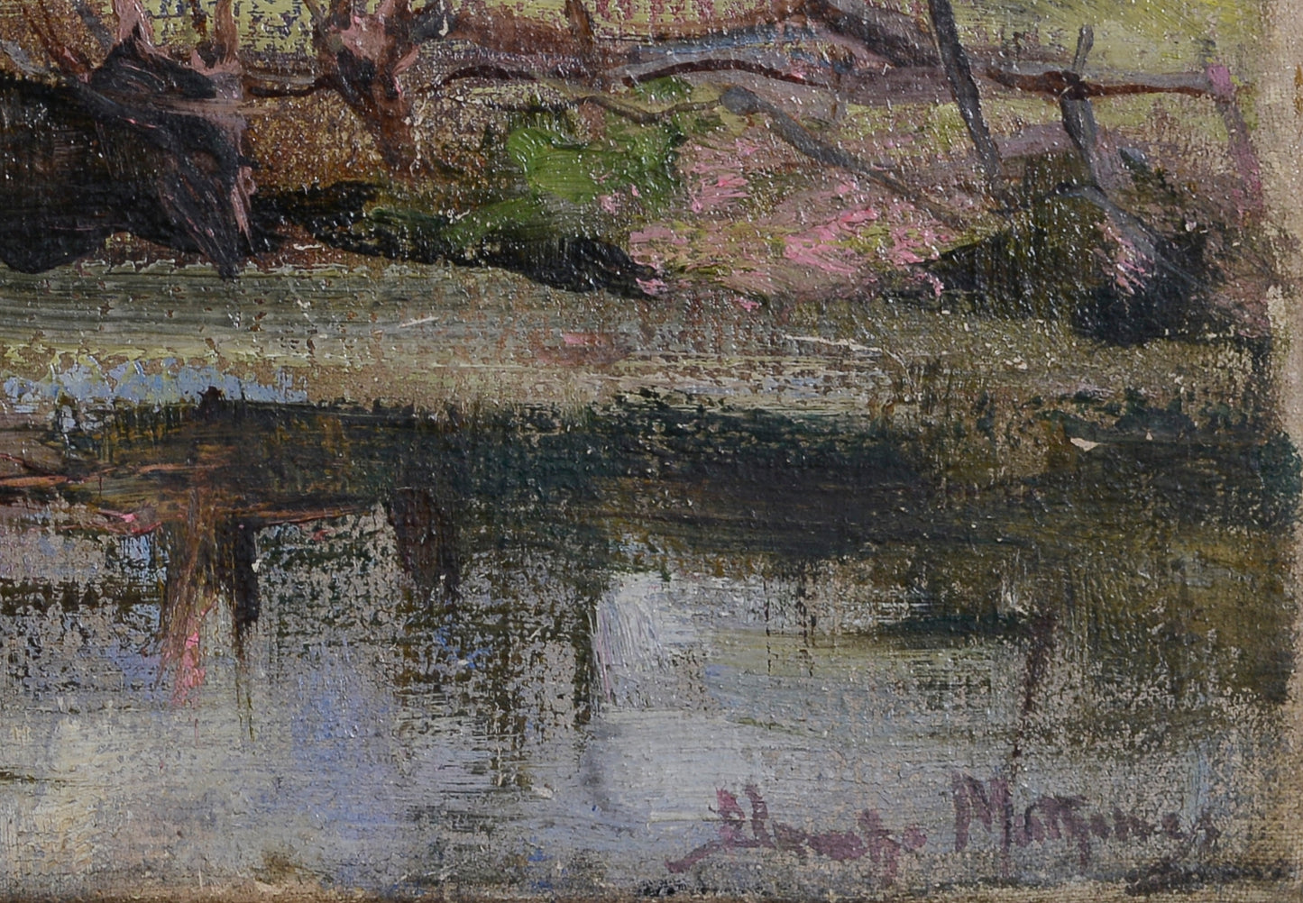 Impressionist Oil of Thatched cottage by stream