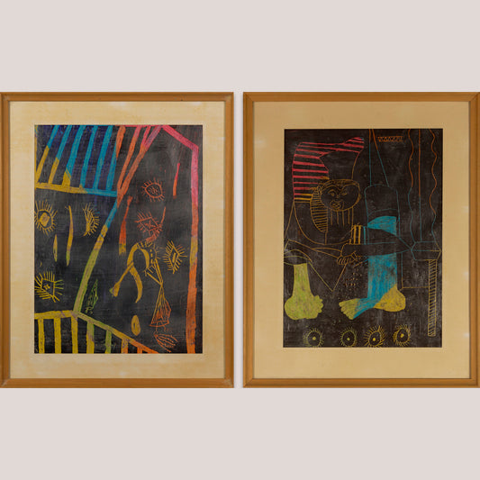 Two African Tribal influence Crayon Vintage Pictures