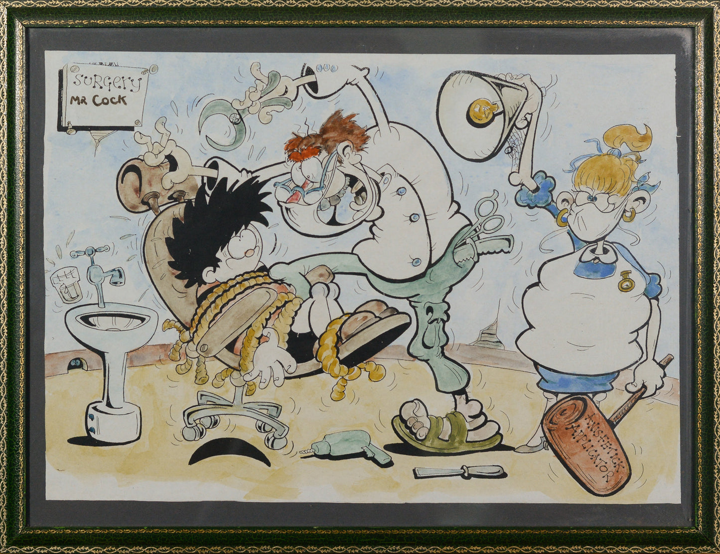 Original Pen Ink Watercolour Dennis the Menace ( Beano ) Cartoon - Dentist Visit