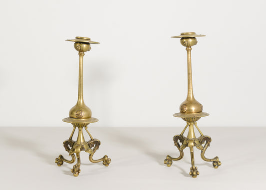 Pair of Gothic Influenced Art Nouveau Brass Candlesticks