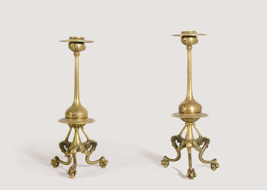 Pair of Gothic Influenced Art Nouveau Brass Candlesticks