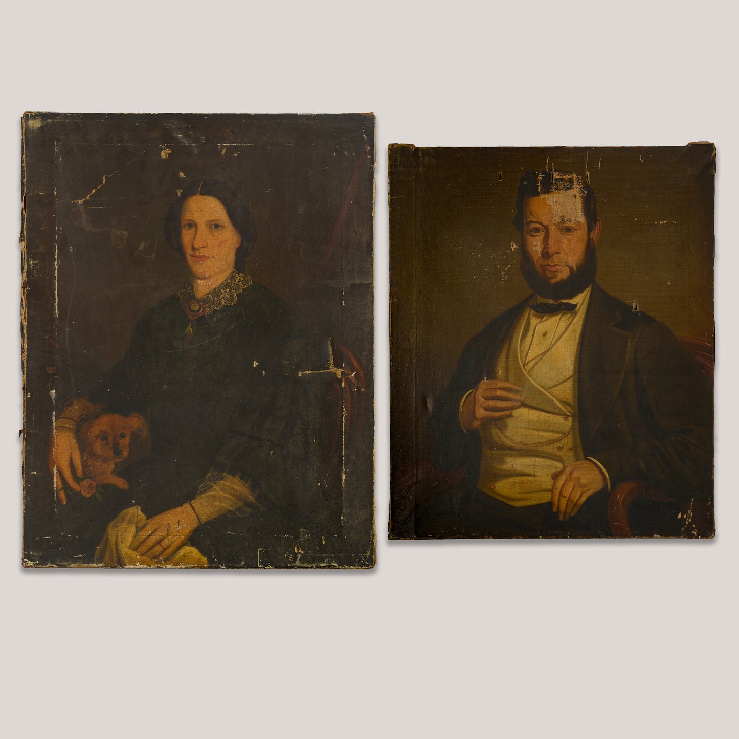 19th-Century Paired Portraits Restoration Project: Lady with Dog and Gentleman