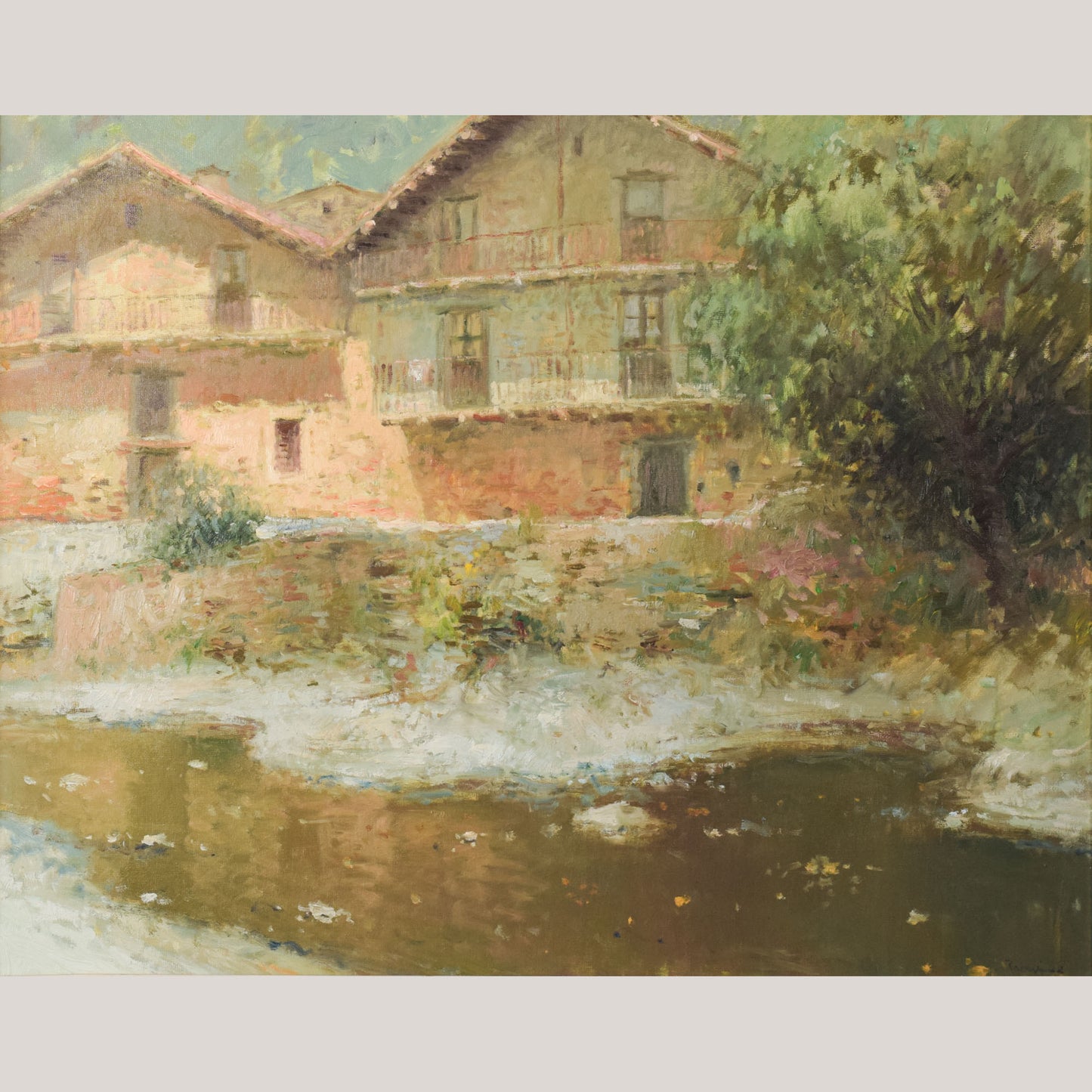 Joan Ramon Palau Junca - Impressionist Painting with River and Chalets
