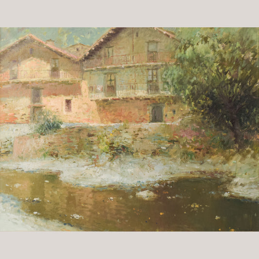 Joan Ramon Palau Junca - Impressionist Painting with River and Chalets