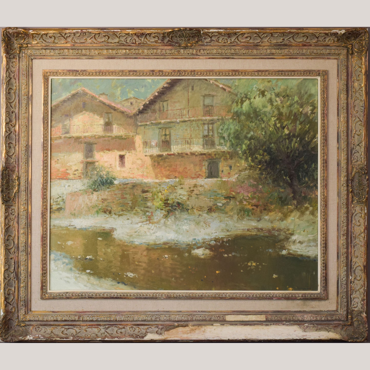 Joan Ramon Palau Junca - Impressionist Painting with River and Chalets