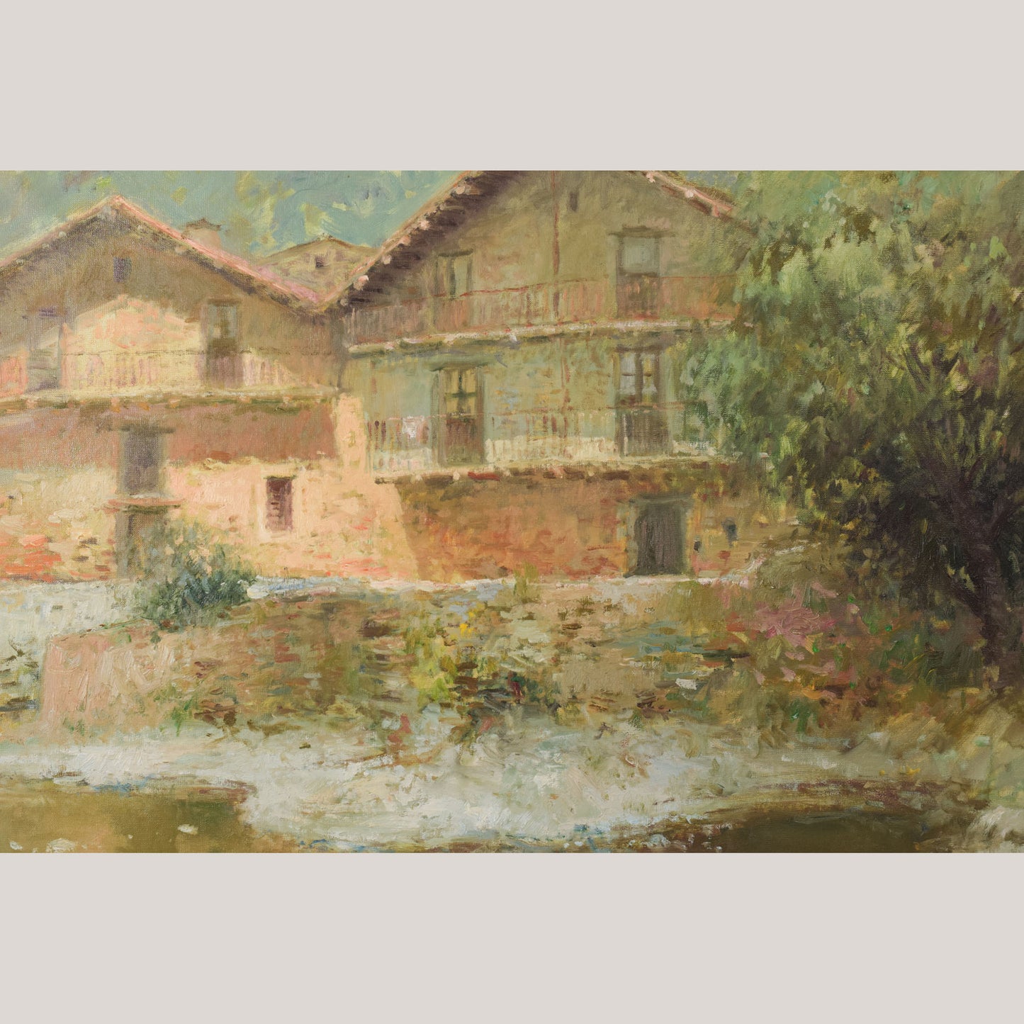 Joan Ramon Palau Junca - Impressionist Painting with River and Chalets