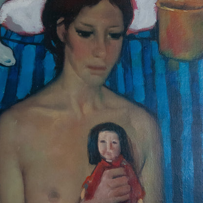 Seated Nude with Doll – Signed Calon ? – Original Oil on Canvas