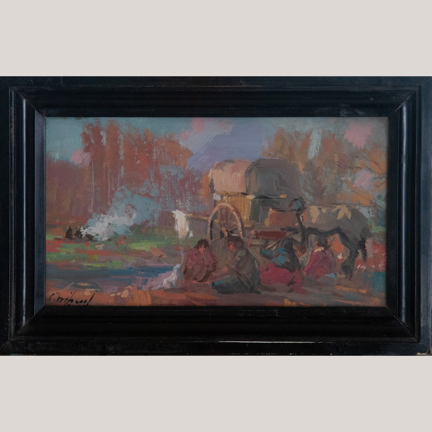 Impressionist Oil – Gypsy Camp Scene – Signed Oil