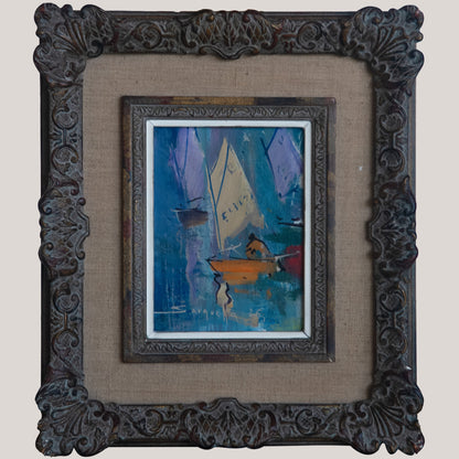 Sailboats in Port – Josep Sarquella i Escobet – Original Oil on Canvas