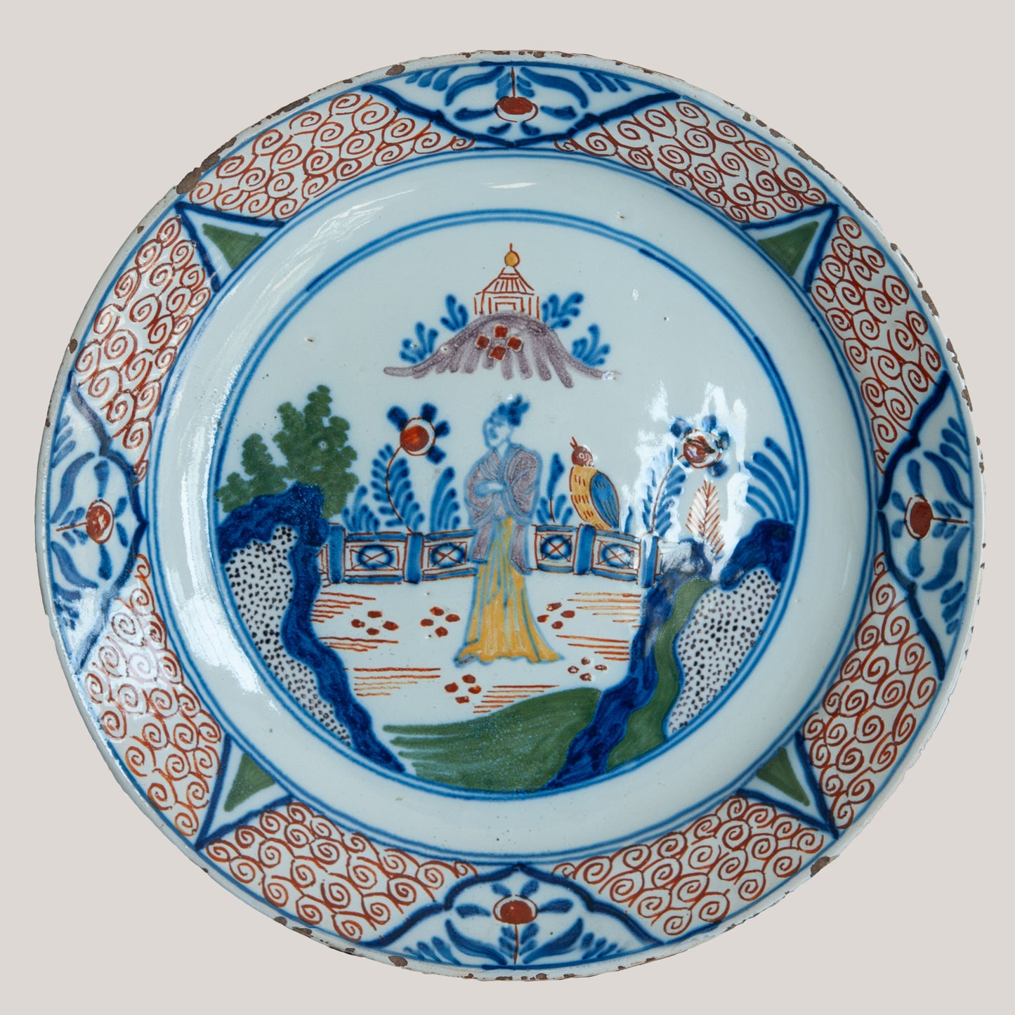 Chinoiserie Garden Scene Plate – Dutch Delft, c.1740