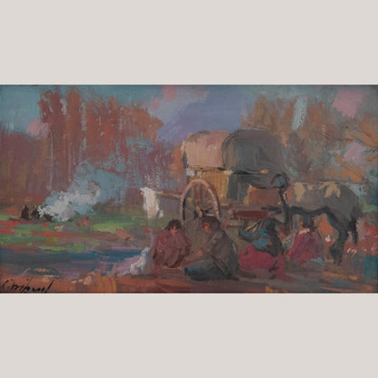 Impressionist Oil – Gypsy Camp Scene – Signed Oil