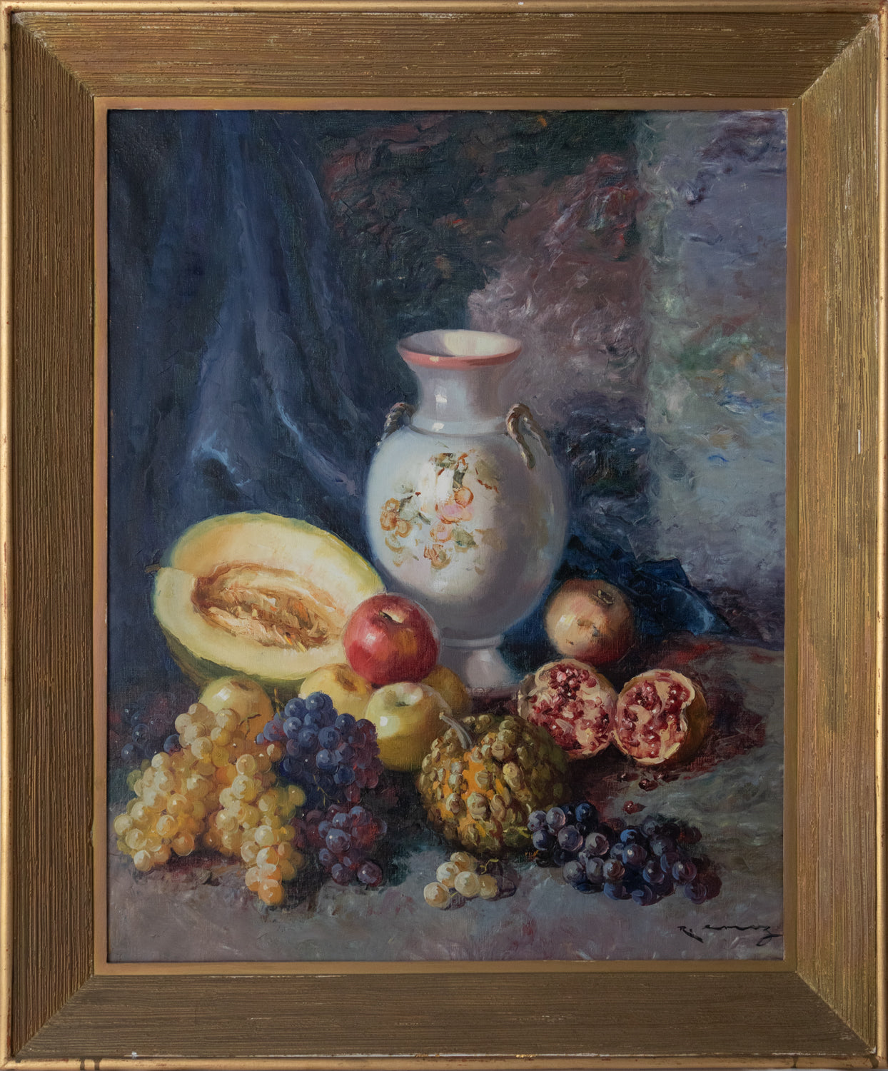Exotic Mediterranean Fruit and Vase - Signed Framed Oil on Canvas