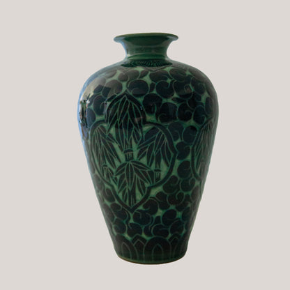 Green Bamboo Motif Vase – Signed Asian Studio Pottery
