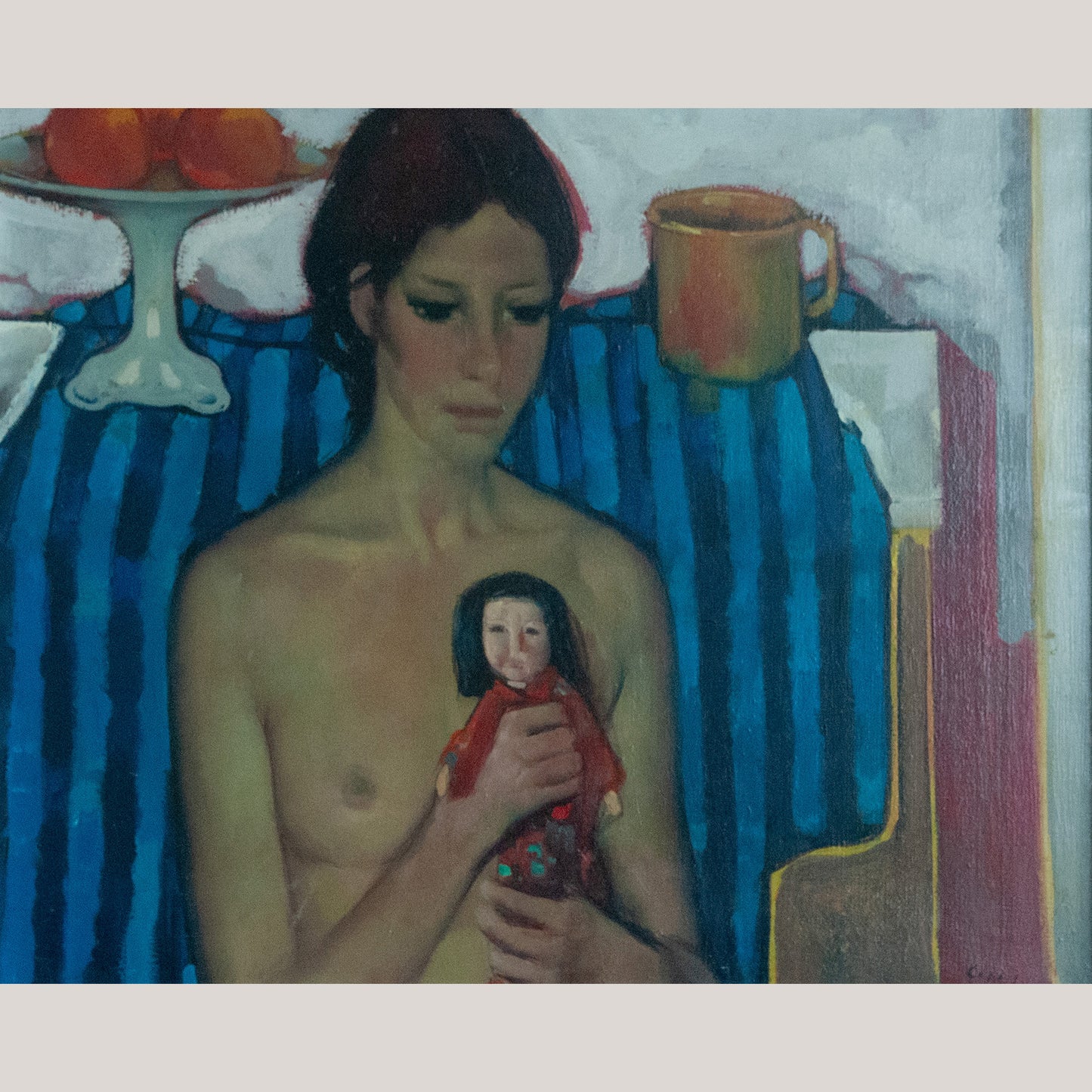 Seated Nude with Doll – Signed Calon ? – Original Oil on Canvas