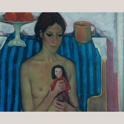 Seated Nude with Doll – Signed Calon ? – Original Oil on Canvas