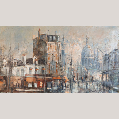 Parisian Street Scene with Sacré-Cœur – Framed Mid-Century Impressionist Cityscape
