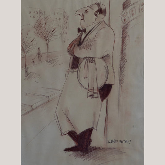 The Waiter - Caricature – Ink Drawing by Salvador Pérez Bassols