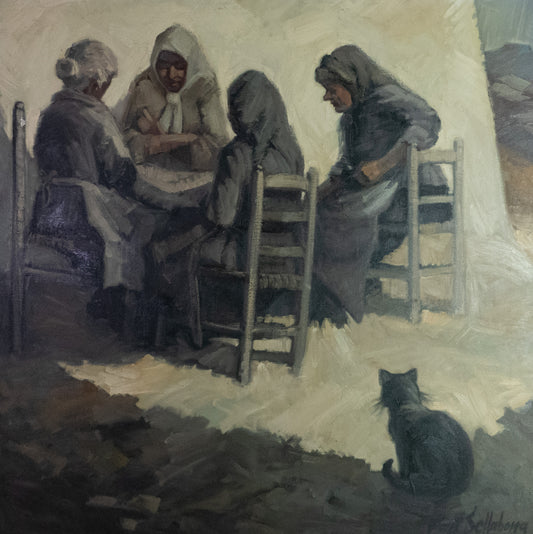 Les Velles de la Nostra Terra – Vintage 1972 Catalan Oil Painting by Font Sellabona