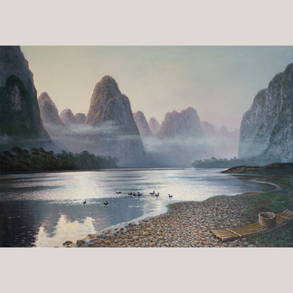 Tranquil Dawn on the Li River – Misty Karst Mountains – Oil on Canvas