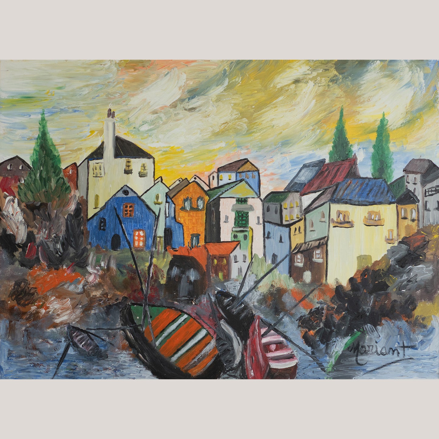 Colorful Mediterranean Village Scene with Boats