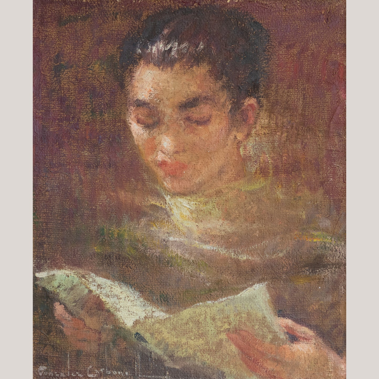 Vintage Portrait of a Choir Girl Reading – Oil Painting by Carbonell González
