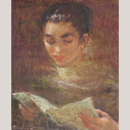 Vintage Portrait of a Choir Girl Reading – Oil Painting by Carbonell González