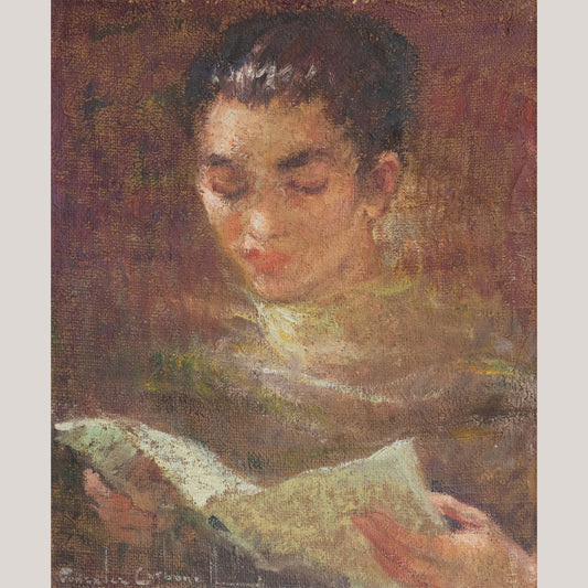 Vintage Portrait of a Choir Girl Reading – Oil Painting by Carbonell González