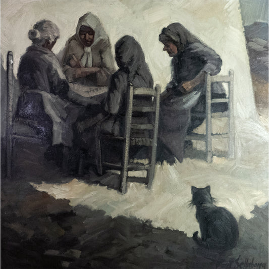 Les Velles de la Nostra Terra – Vintage 1972 Catalan Oil Painting by Font Sellabona