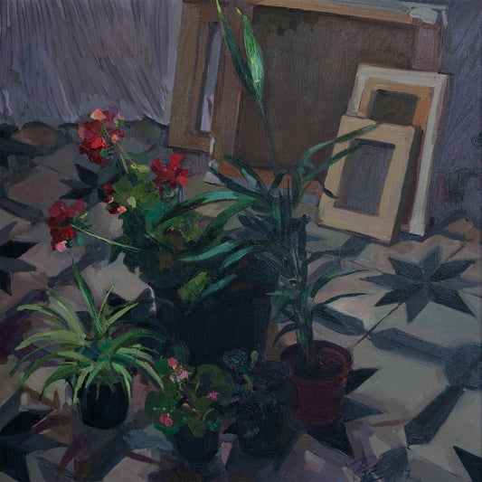 Interior Still Life with Plants – Oil on Canvas by Carmen Roger Especeta