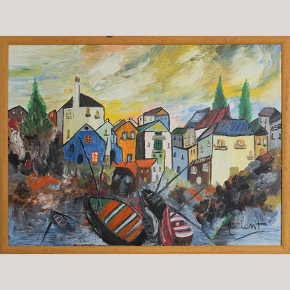 Colorful Mediterranean Village Scene with Boats