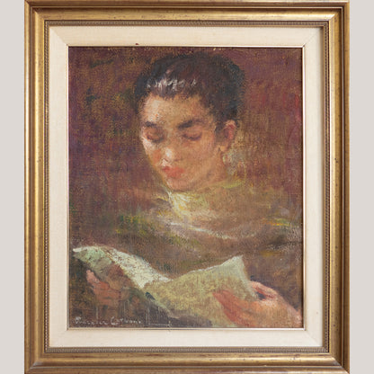 Vintage Portrait of a Choir Girl Reading – Oil Painting by Carbonell González