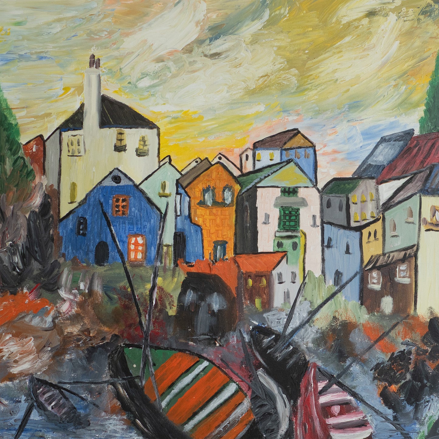 Colorful Mediterranean Village Scene with Boats