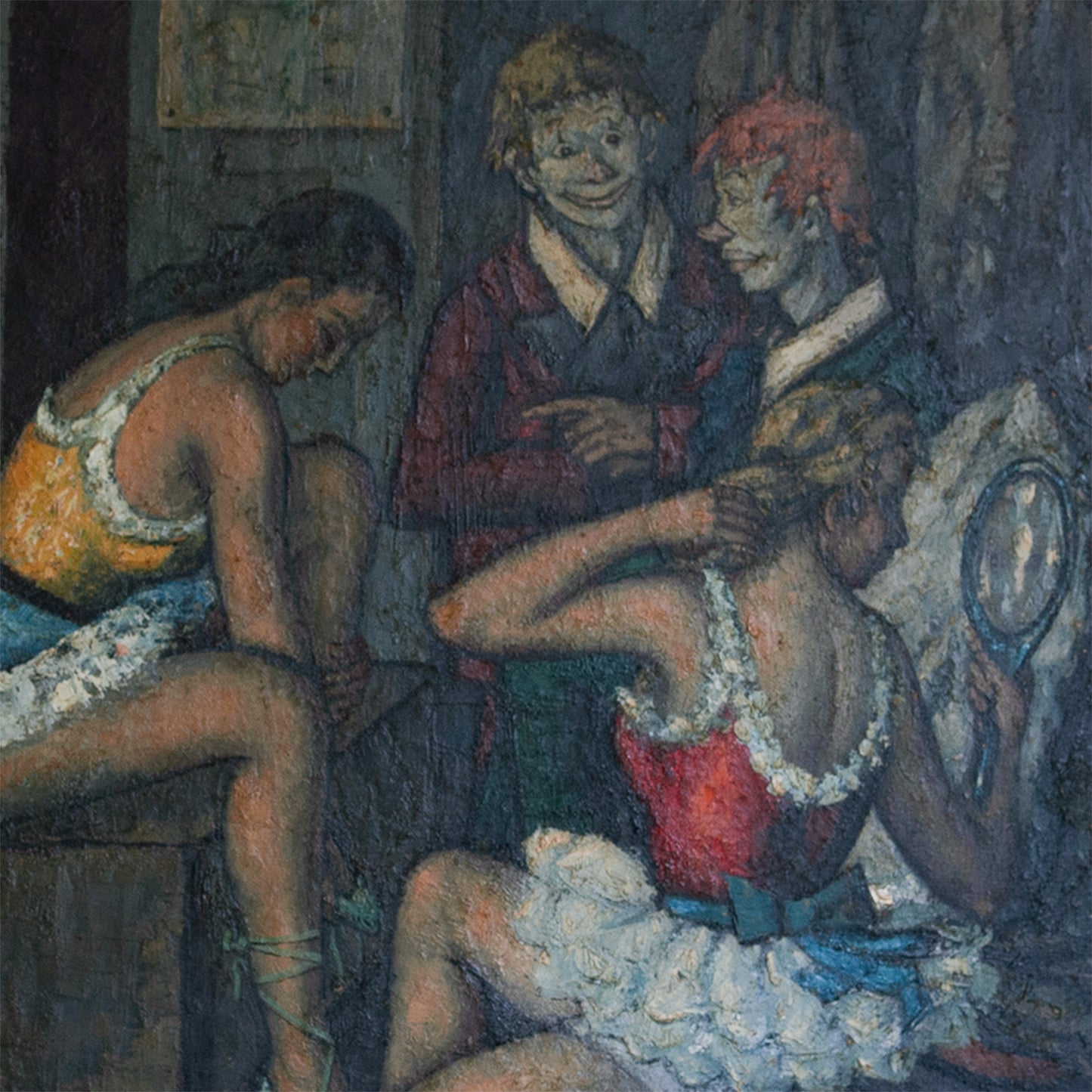Backstage with Clowns and Dancers – Large Original Oil Study by M. Duval