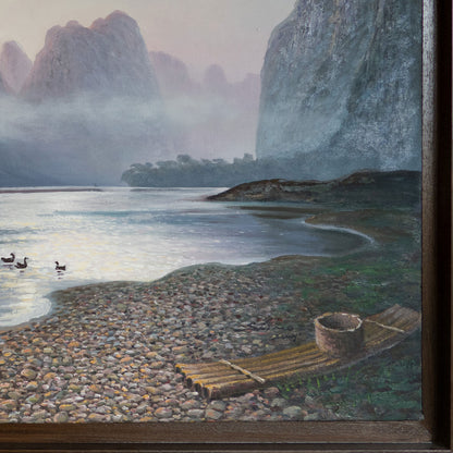 Tranquil Dawn on the Li River – Misty Karst Mountains – Oil on Canvas