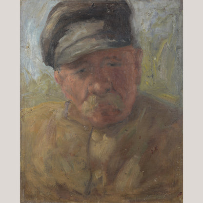 Impressionist Sketch of Elderly Man with Cap – Signed on Reverse, Artist Presently Unknown