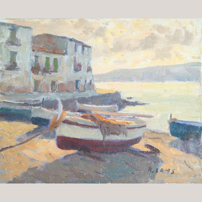 Boats on the Shore, Catalonia – Post-Impressionist Oil - Signed R. Sans