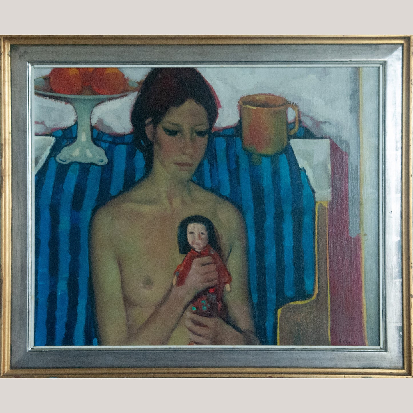 Seated Nude with Doll – Signed Calon ? – Original Oil on Canvas