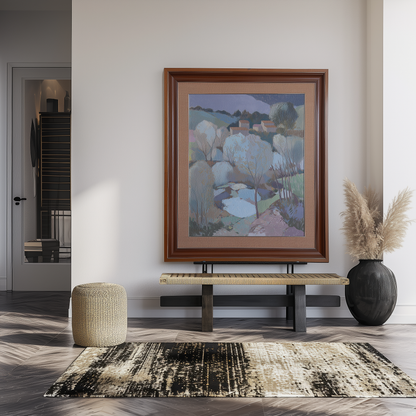 Large Pastel Modernist Village Landscape – Garcia Pitarch - Oil on canvas