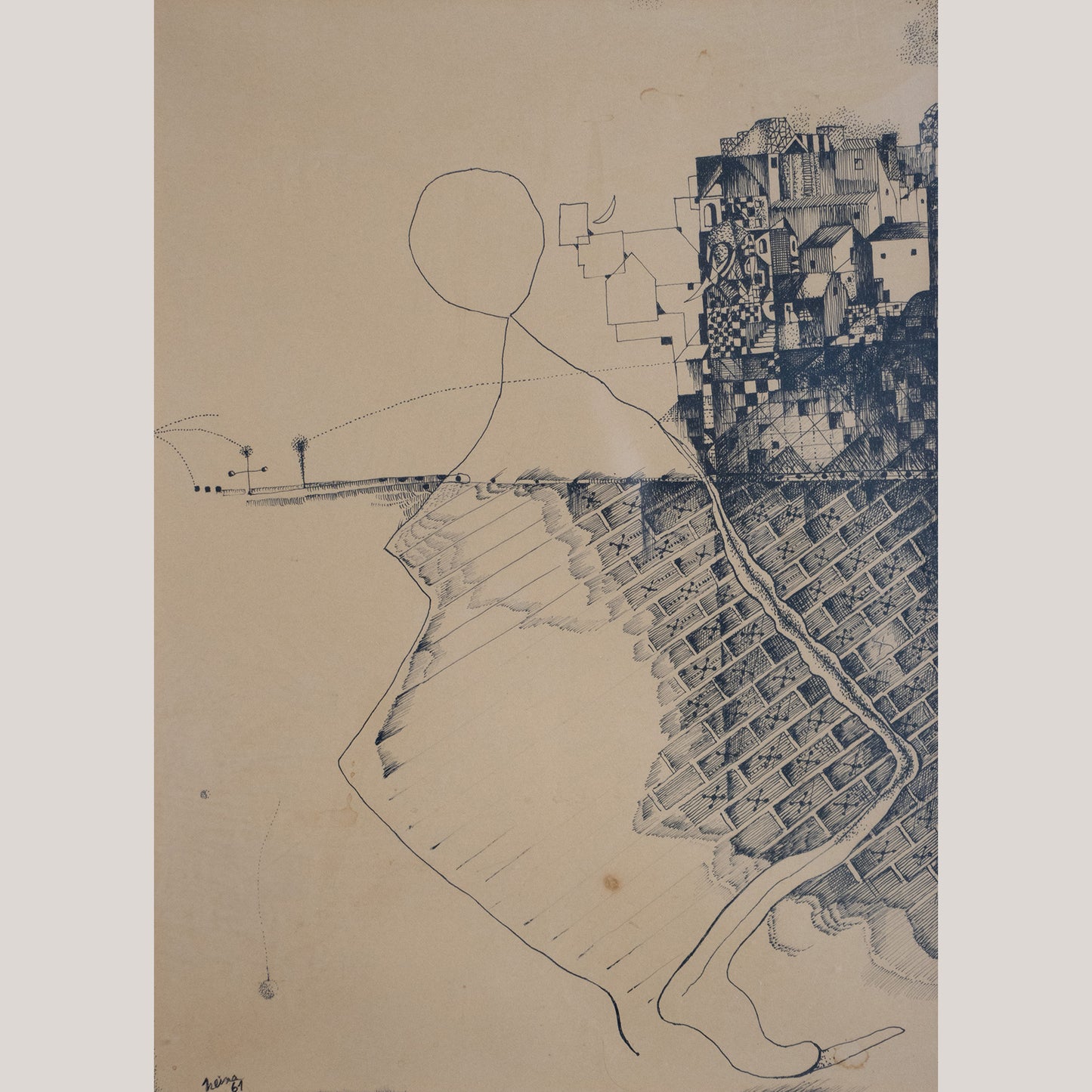 Surreal Architectural Composition – Original Pen and Ink Drawing (1961)