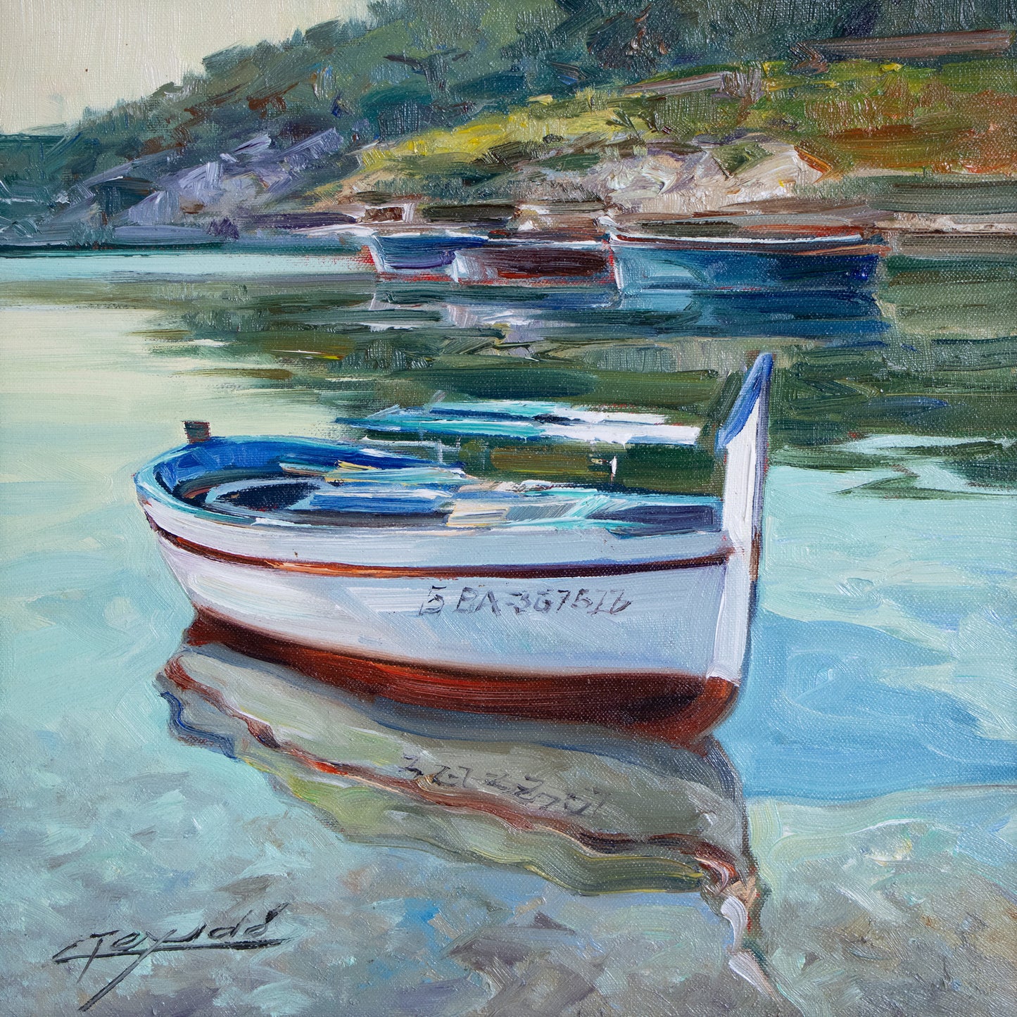 Transparencies – Mediterranean Fishing Boats. Signed Oil on Canvas