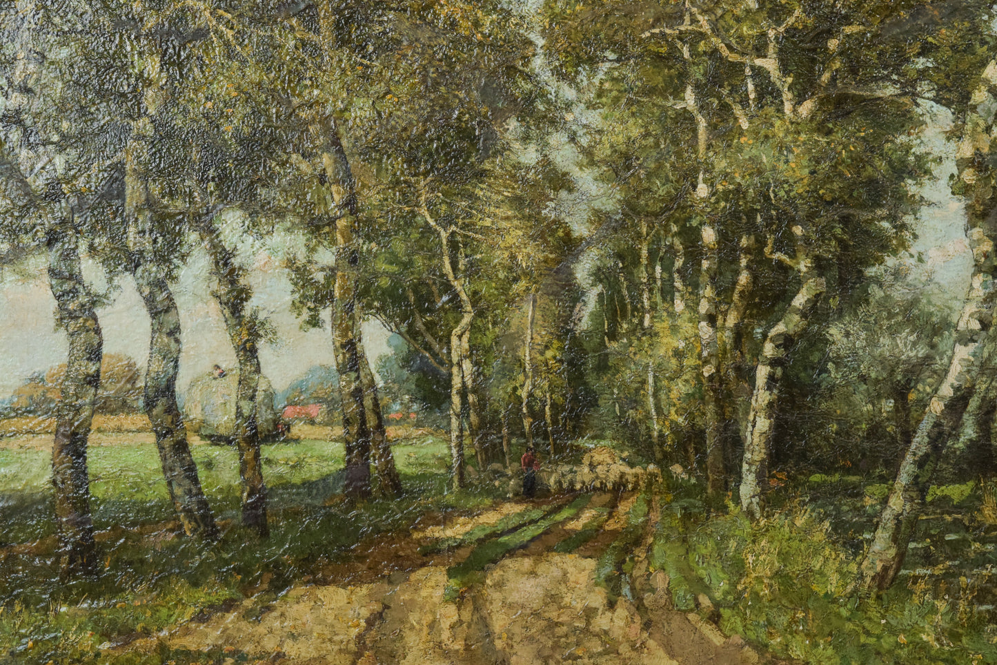 Gran obra mayor de Franz Courtens. Haycart, ovejas y pastores en un paisaje