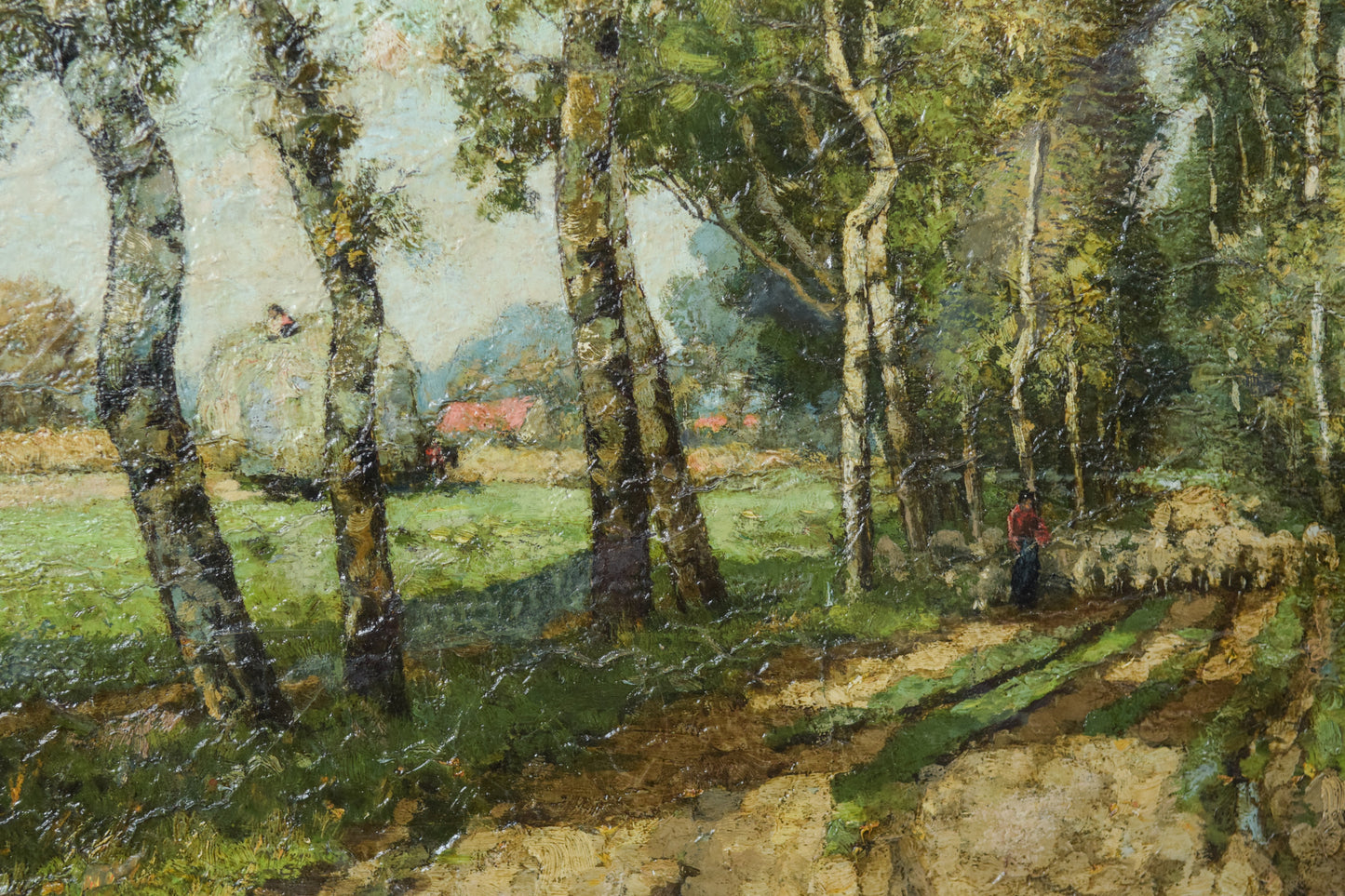 Gran obra mayor de Franz Courtens. Haycart, ovejas y pastores en un paisaje