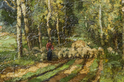Large Major work by Franz Courtens. Haycart, sheep and shepherd in a landscape